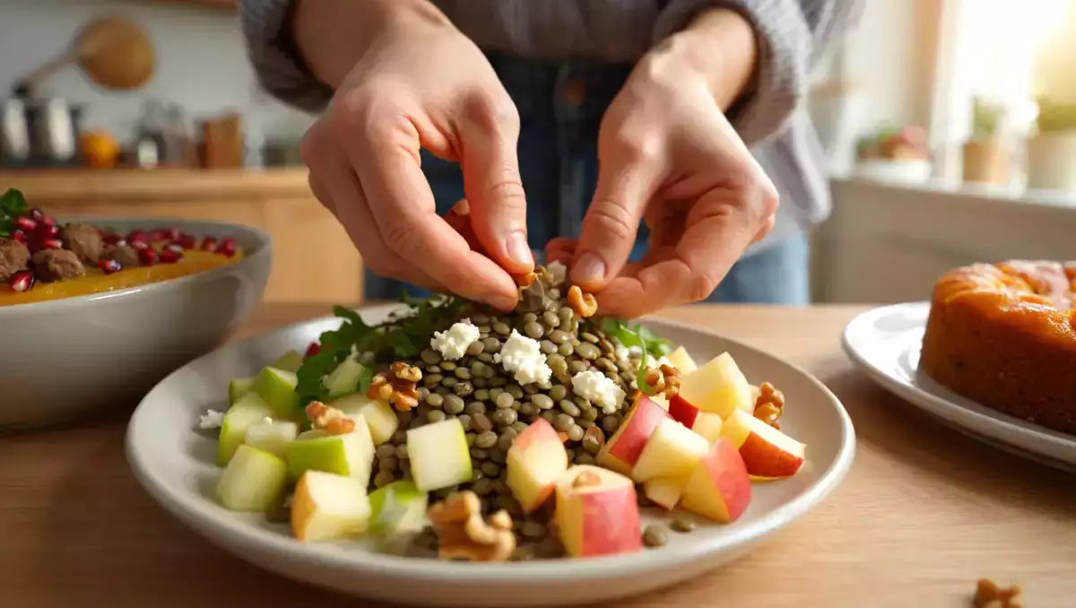 Tagesmenü, 16. Juni: köstlicher Linsensalat, herzhafte Granatäpfelsuppe und fruchtiger Aprikosenkuchen