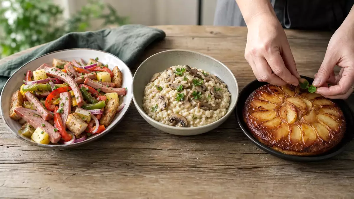 Tagesmenü, 3. Oktober: herzhafter Leberkäsesalat, cremiges Pilzrisotto und Apfelkuchen
