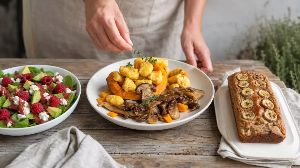 Tagesmenü, 5. Oktober 2026: Himbeer-Ziegenkäse-Salat, Kürbisgnocchi und Bananenbrot