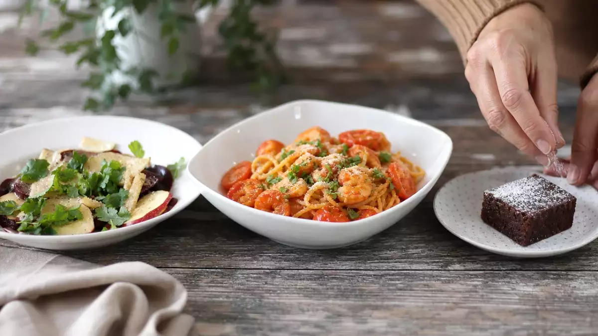 Tagesmenü, 8. Oktober 2026: Rote Bete, Garnelen-Spaghetti und saftiger Kastanien-Schokokuchen