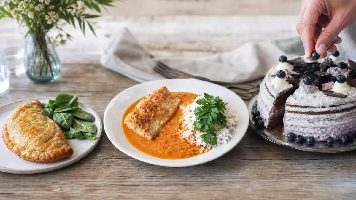 Tagesmenü, 15. Oktober: Knusprige Spinatpäckchen, Fisch mit Papayasauce und Blaubeertorte