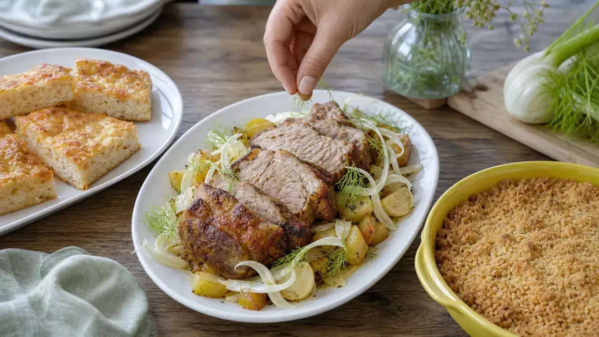 Tagesmenü vom 17. Oktober: Schinkenkuchen, Fenchel-Schweinsbraten und knuspriger Apfel-Birnen-Crumble