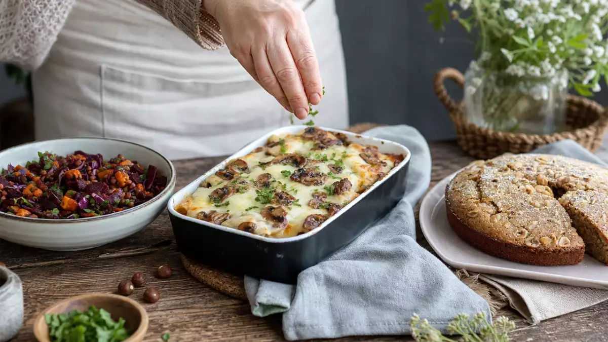Tagesmenü vom 19. Oktober: herbstlicher Linsensalat, cremiger Pilz-Nudelauflauf und Haselnusskuchen