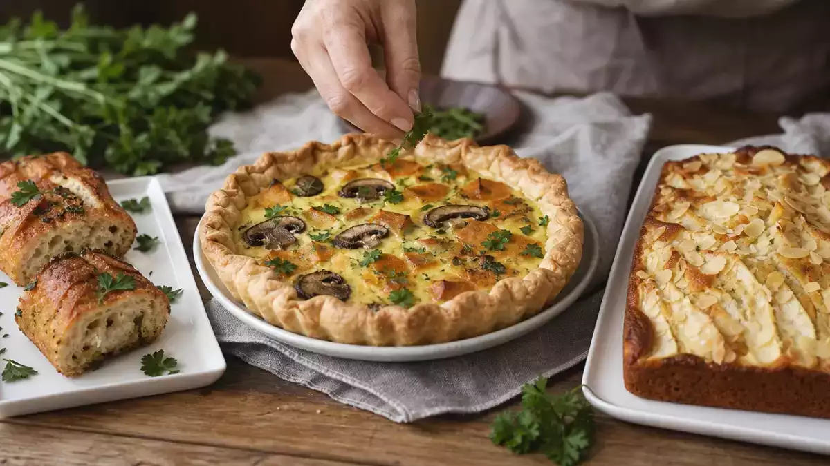 Tagesmenü, 22. Oktober: Knoblauchbrot, herbstliche Kürbis-Champignon-Quiche und saftiger Birnenkuchen