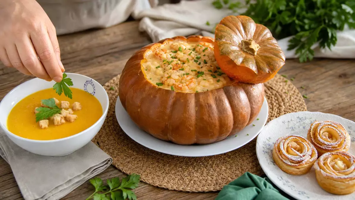 Tagesmenü vom 26. Oktober: Kürbis, brasilianische Garnelen und Apfelrosen