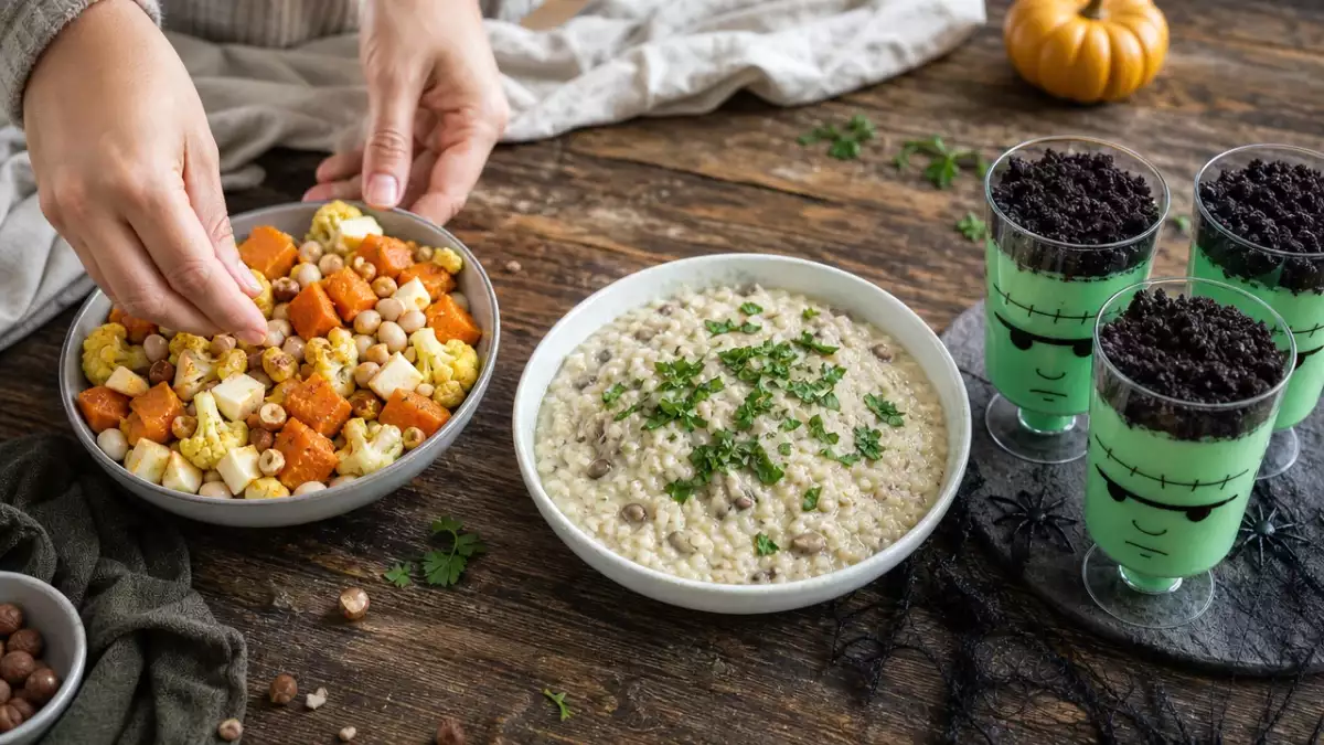 Tagesmenü, 29. Oktober: herbstlicher Kürbis-Bohnensalat, cremiges Pilzrisotto und Frankenstein-Creme