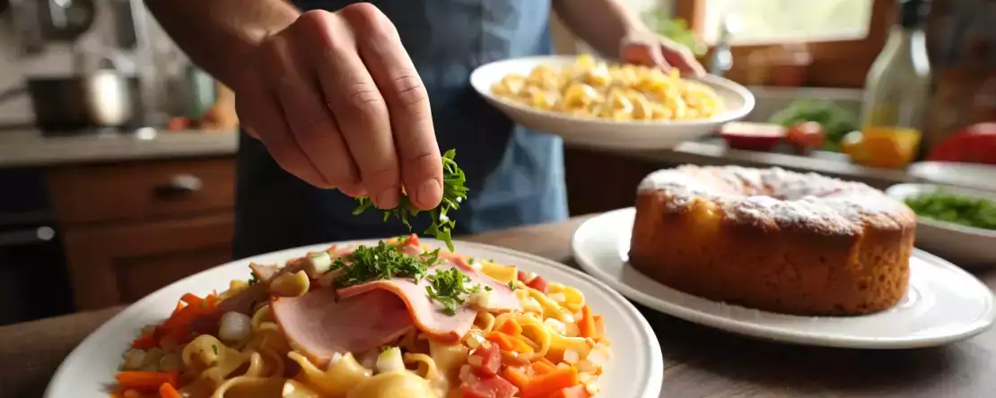 Tagesmenü, 14. Juni: köstliche Schinkennudeln, Blitzpasta und ein einfacher Naturkuchen