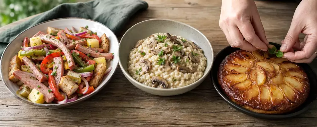 Tagesmenü, 3. Oktober: herzhafter Leberkäsesalat, cremiges Pilzrisotto und Apfelkuchen