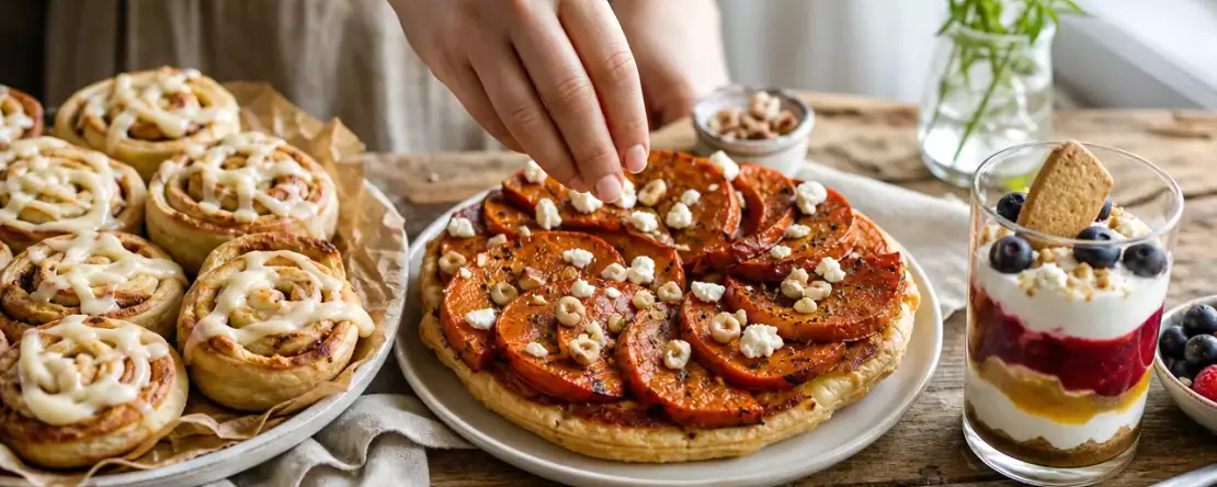 Herbstmenü mit Kürbis-Tarte-Tatin, Ziegenkäse und Ingwer-Beeren-Trifle