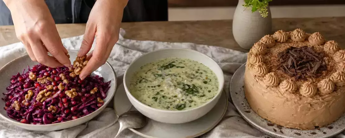 Mokka-Torte mit feiner Kaffeenote: ein herbstliches Menü mit Rotkohl und Sauerampfer