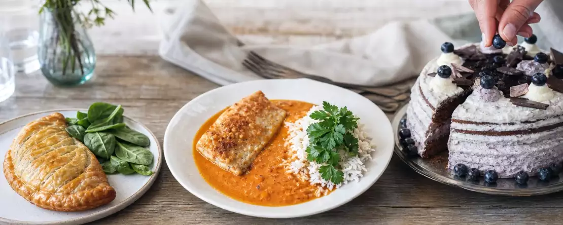 Tagesmenü, 15. Oktober: Knusprige Spinatpäckchen, Fisch mit Papayasauce und Blaubeertorte