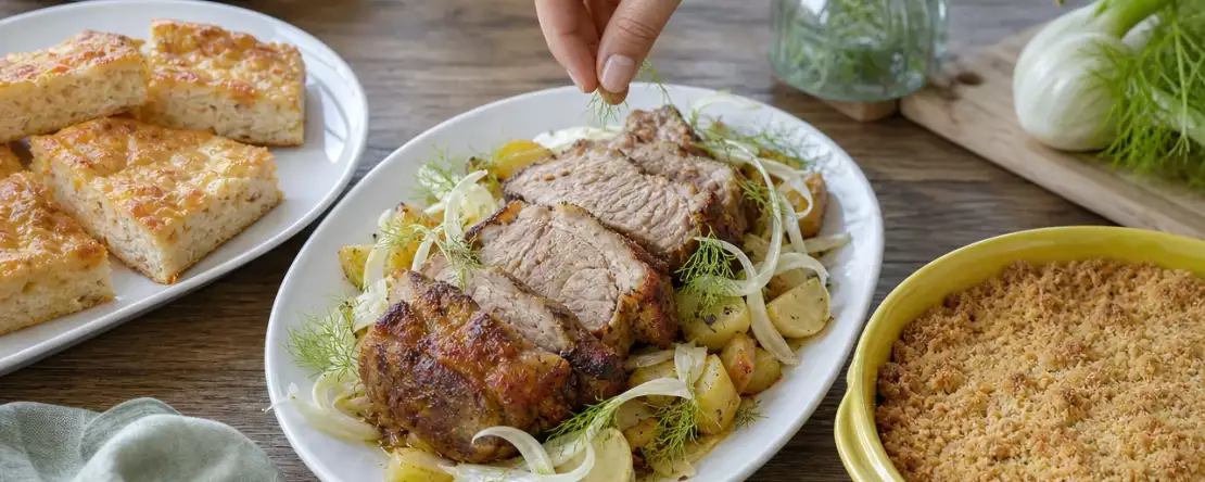 Tagesmenü vom 17. Oktober: Schinkenkuchen, Fenchel-Schweinsbraten und knuspriger Apfel-Birnen-Crumble