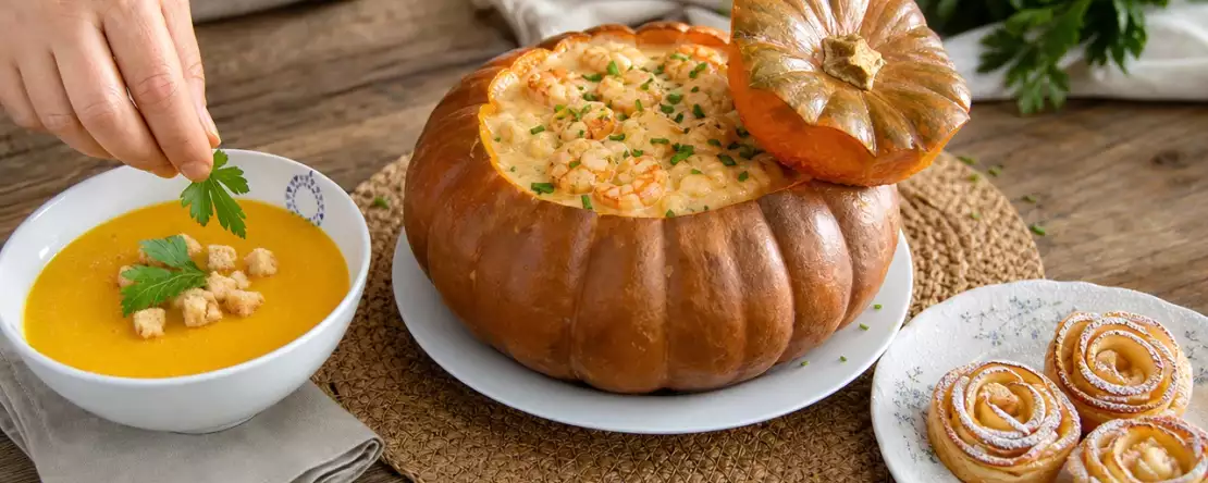 Tagesmenü vom 26. Oktober: Kürbis, brasilianische Garnelen und Apfelrosen
