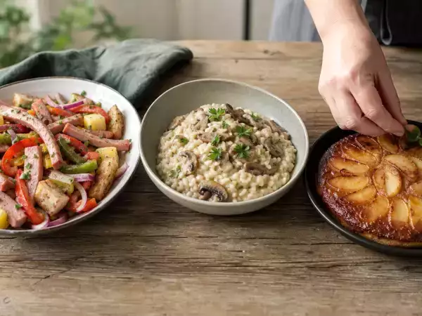 Tagesmenü, 3. Oktober: herzhafter Leberkäsesalat, cremiges Pilzrisotto und Apfelkuchen