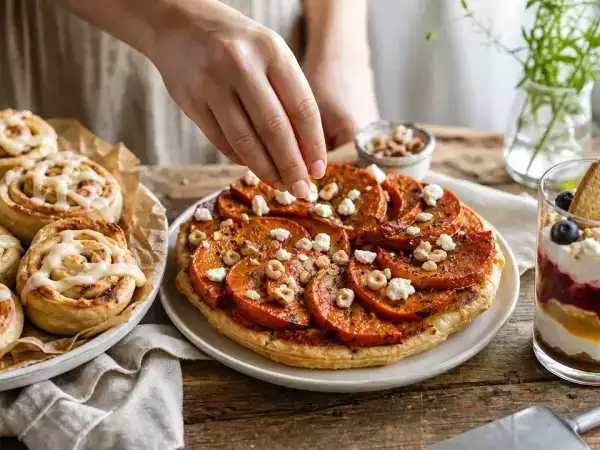 Herbstmenü mit Kürbis-Tarte-Tatin, Ziegenkäse und Ingwer-Beeren-Trifle