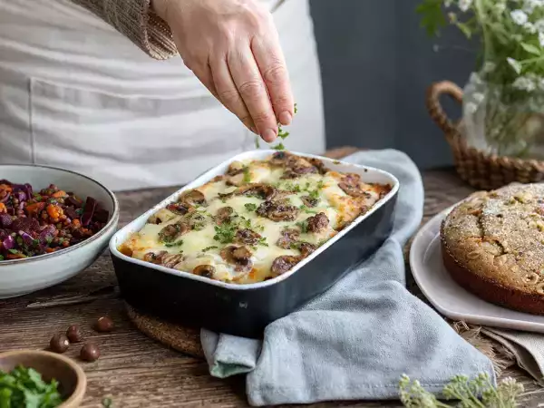 Tagesmenü vom 19. Oktober: herbstlicher Linsensalat, cremiger Pilz-Nudelauflauf und Haselnusskuchen