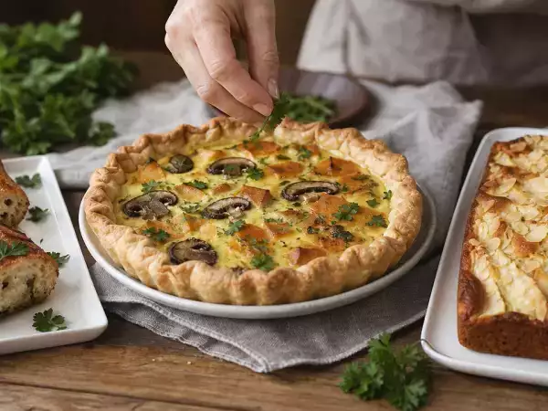 Tagesmenü, 22. Oktober: Knoblauchbrot, herbstliche Kürbis-Champignon-Quiche und saftiger Birnenkuchen