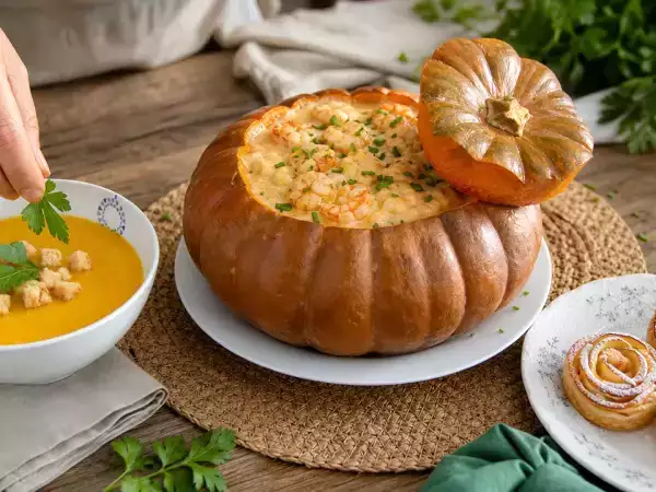 Tagesmenü vom 26. Oktober: Kürbis, brasilianische Garnelen und Apfelrosen