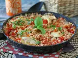 Rezept Eintopf mit hähnchen, reis mit tomaten und paprika