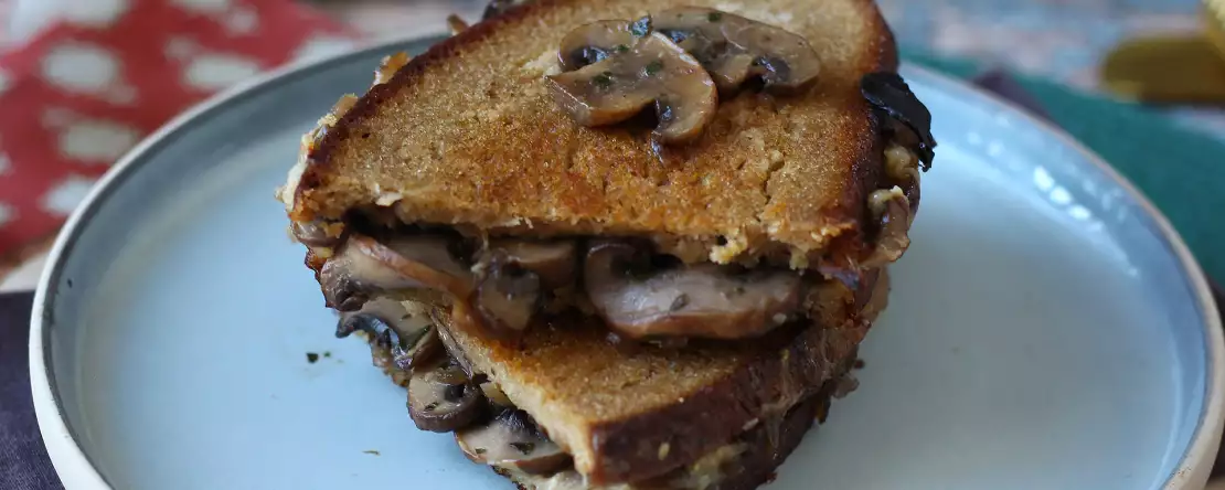 Grilled cheese sandwich mit champignons : knusprig und käsig