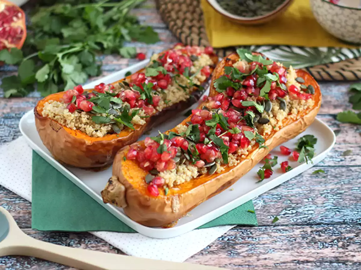 Rezept Butternut gefüllt mit quinoa und granatapfel