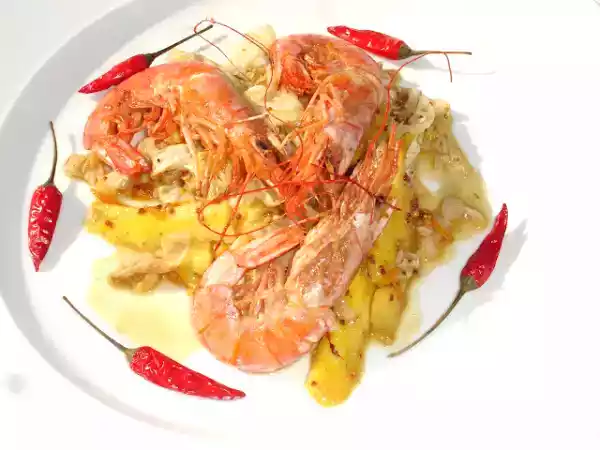 Rezept Riesengarnelen mit senf-chilipüree und mangostreifen