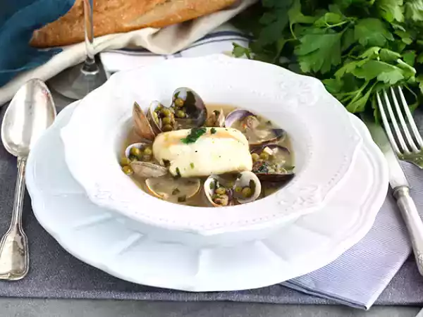 Rezept Geschmorter seehecht, muscheln und erbsen