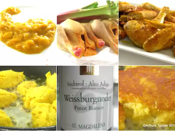 Rezept Kleiner umweg - maiskapaun mit rhabarber, safran und zimtpolenta