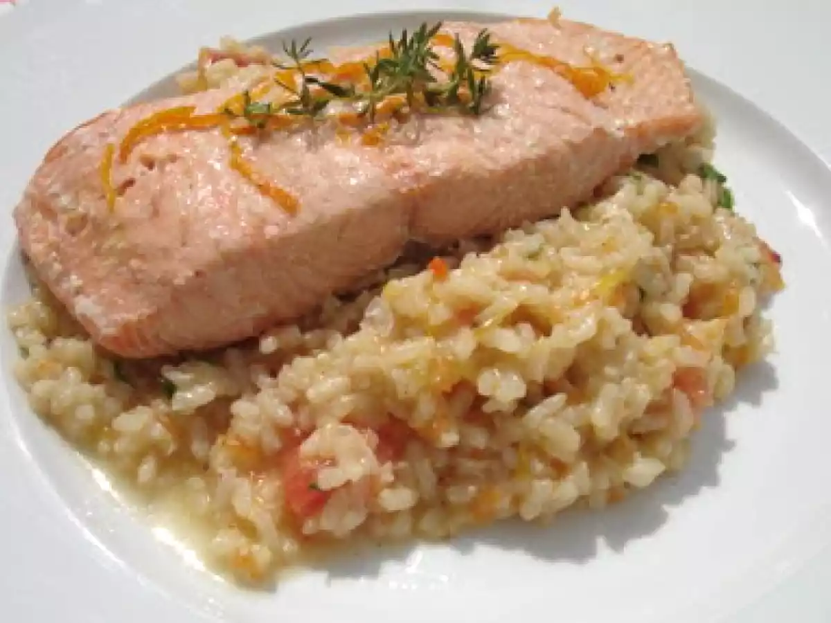 Confierter Lachs auf Risotto mit Blutorangen und Grapefruit
