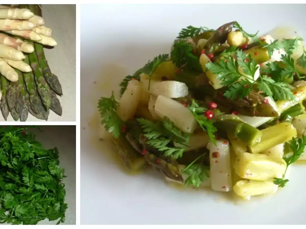 Endlich Spargelzeit: einfacher Spargelsalat mit Kerbel und rosa Pfeffer