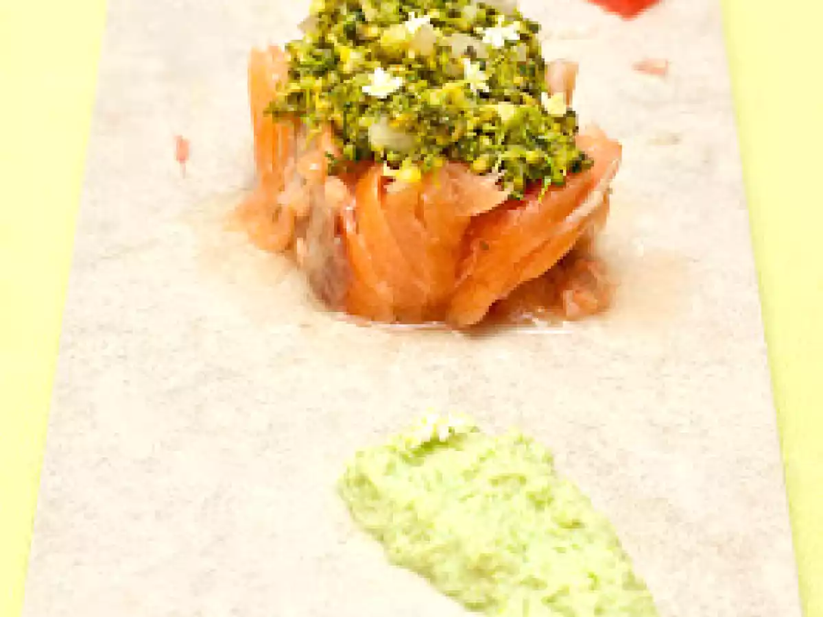 Gebeizter Lachs, Brokkoli, Holunderblüte, Zitrusfrüchte