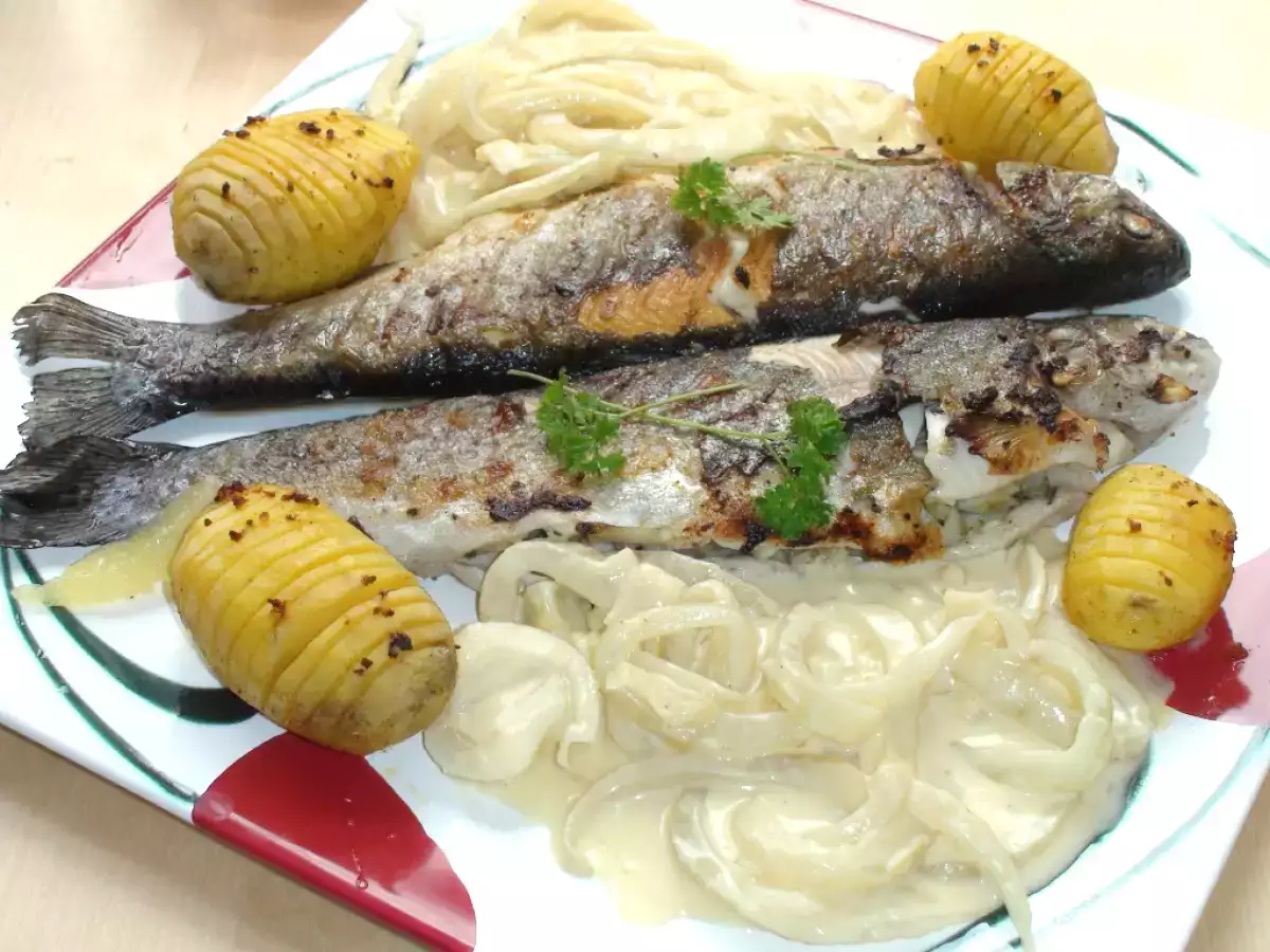 Gebratene Regenbogen-Forelle mit Fenchel und Fächerkartoffeln