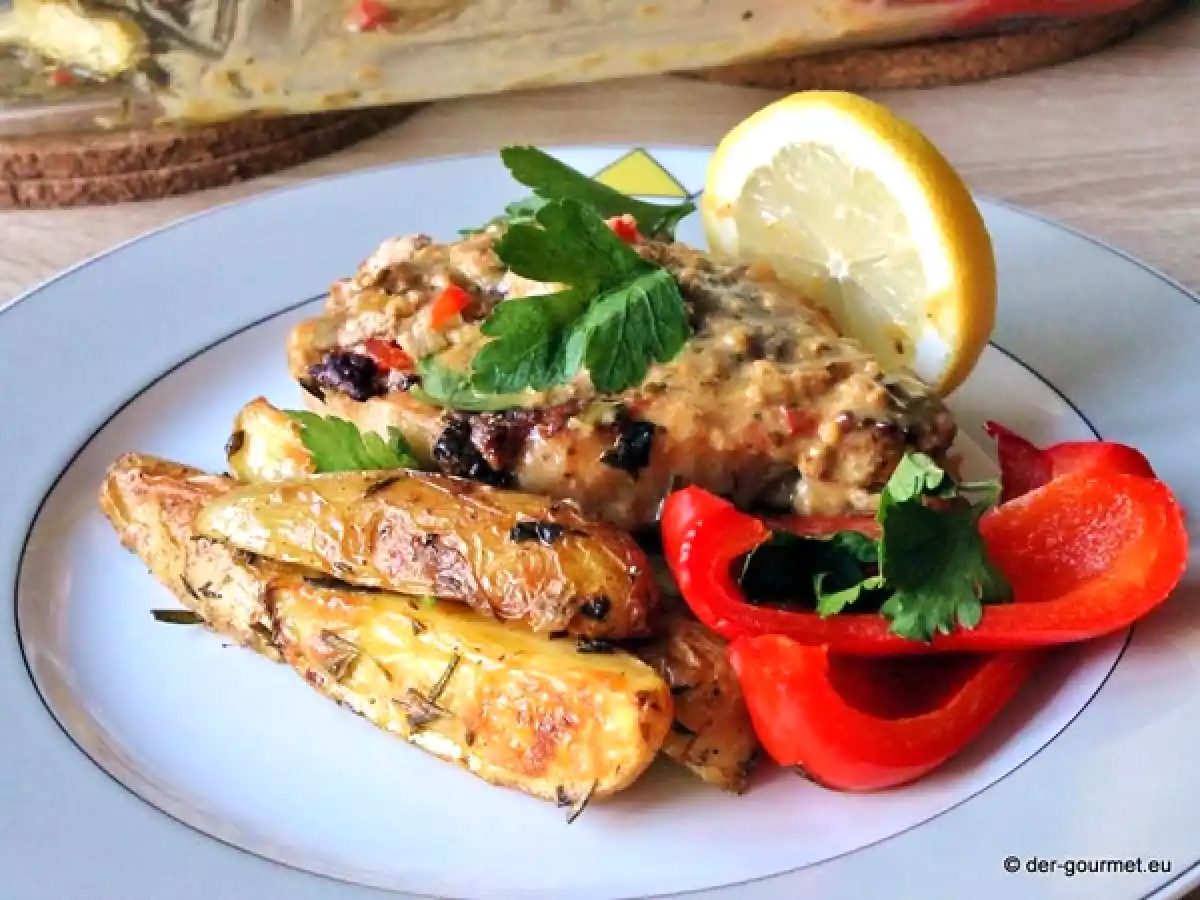 Gefüllte Hähnchenbrust mit Kräuter Kartoffelecken