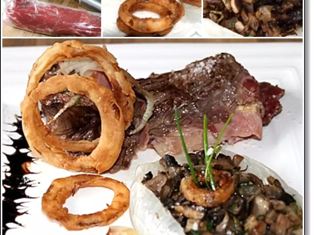 Gefüllte Rindersteaks mit Zwiebelringen und Champignons