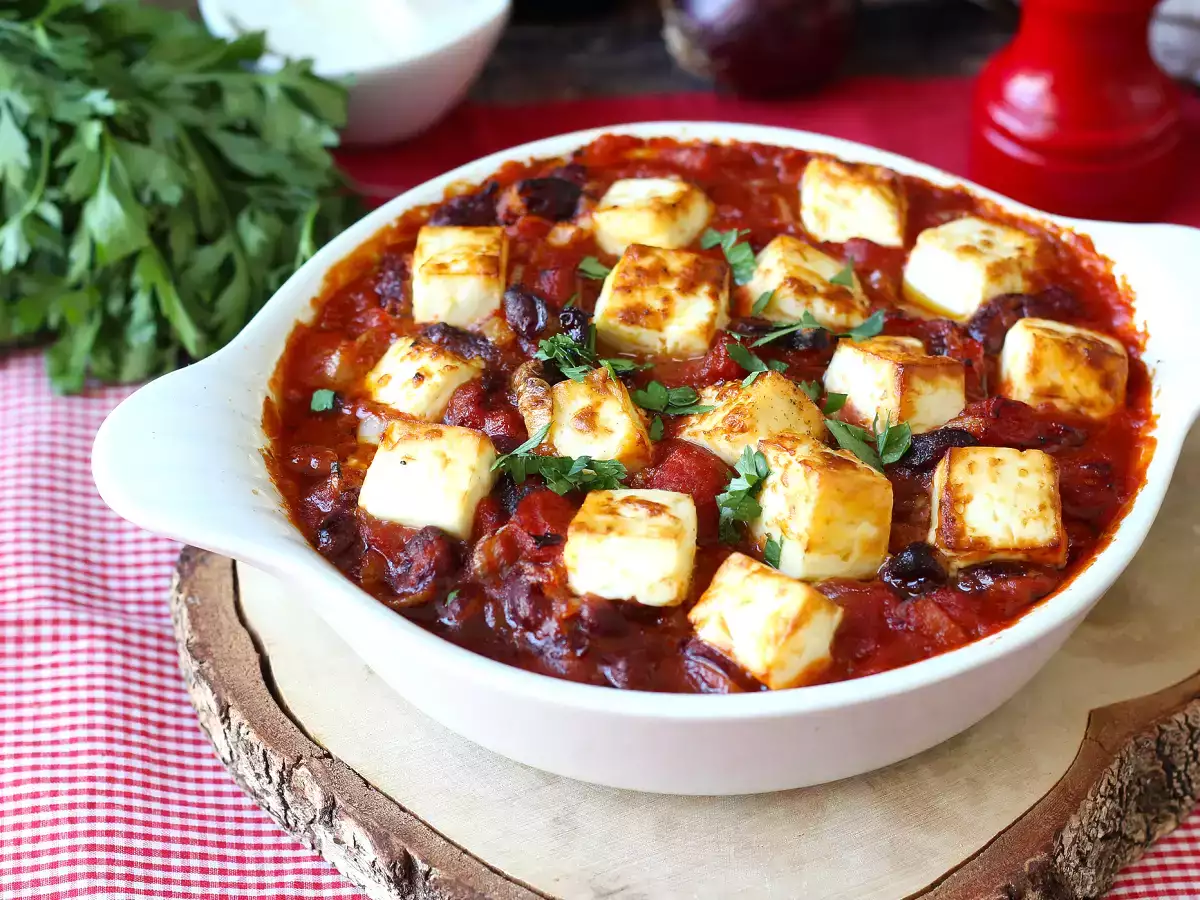 Geschmorte rote Bohnen mit Tomaten und geröstetem Feta