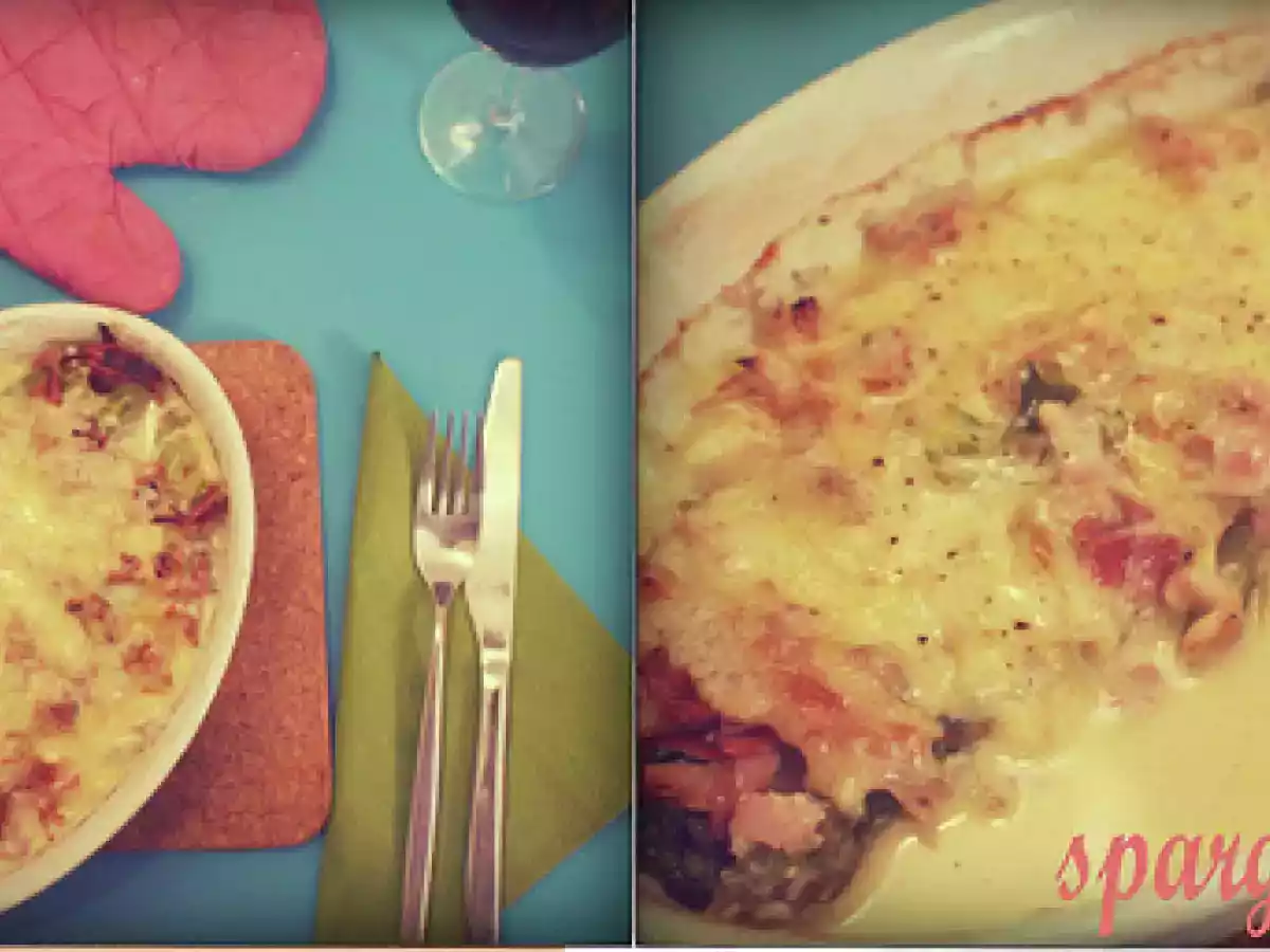 Gratin aus grünem spargel, schinken & gorgonzola