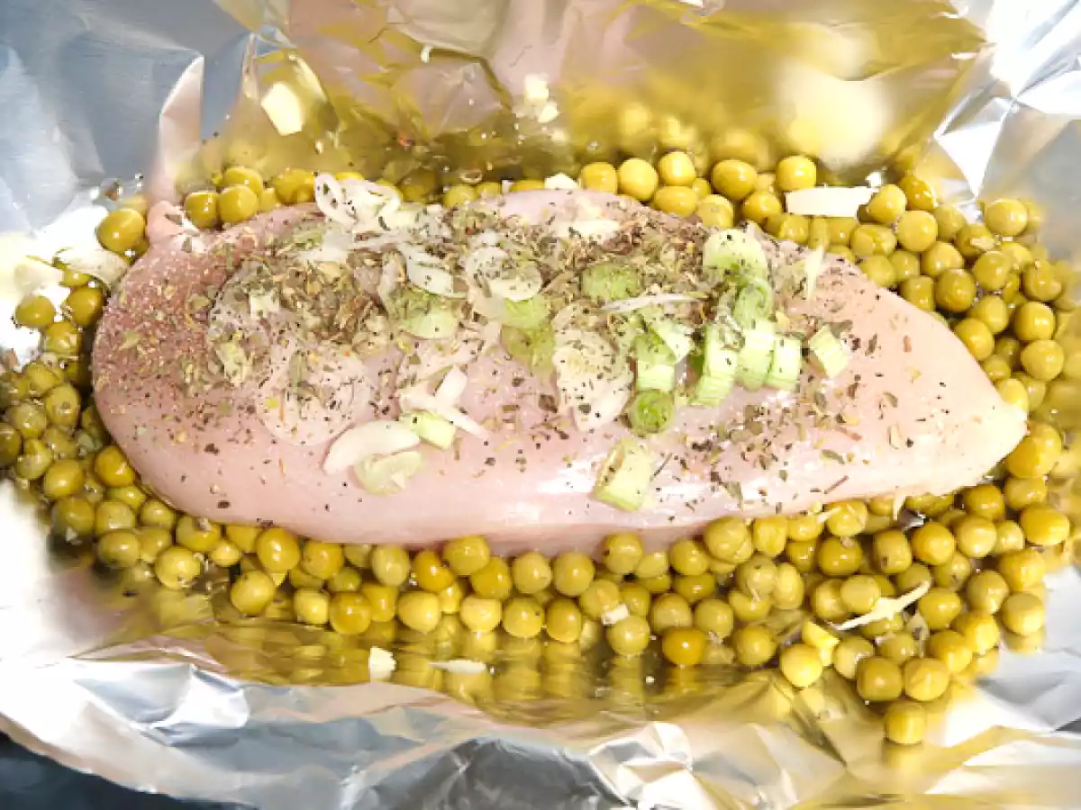 Hühnerfilet auf Erbsen