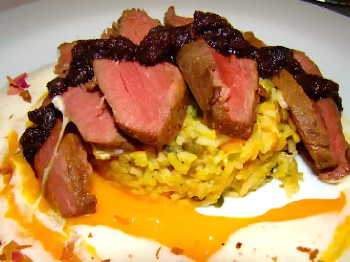 Indische Gans mit Mango-Linsen-Reis und Purplecurry