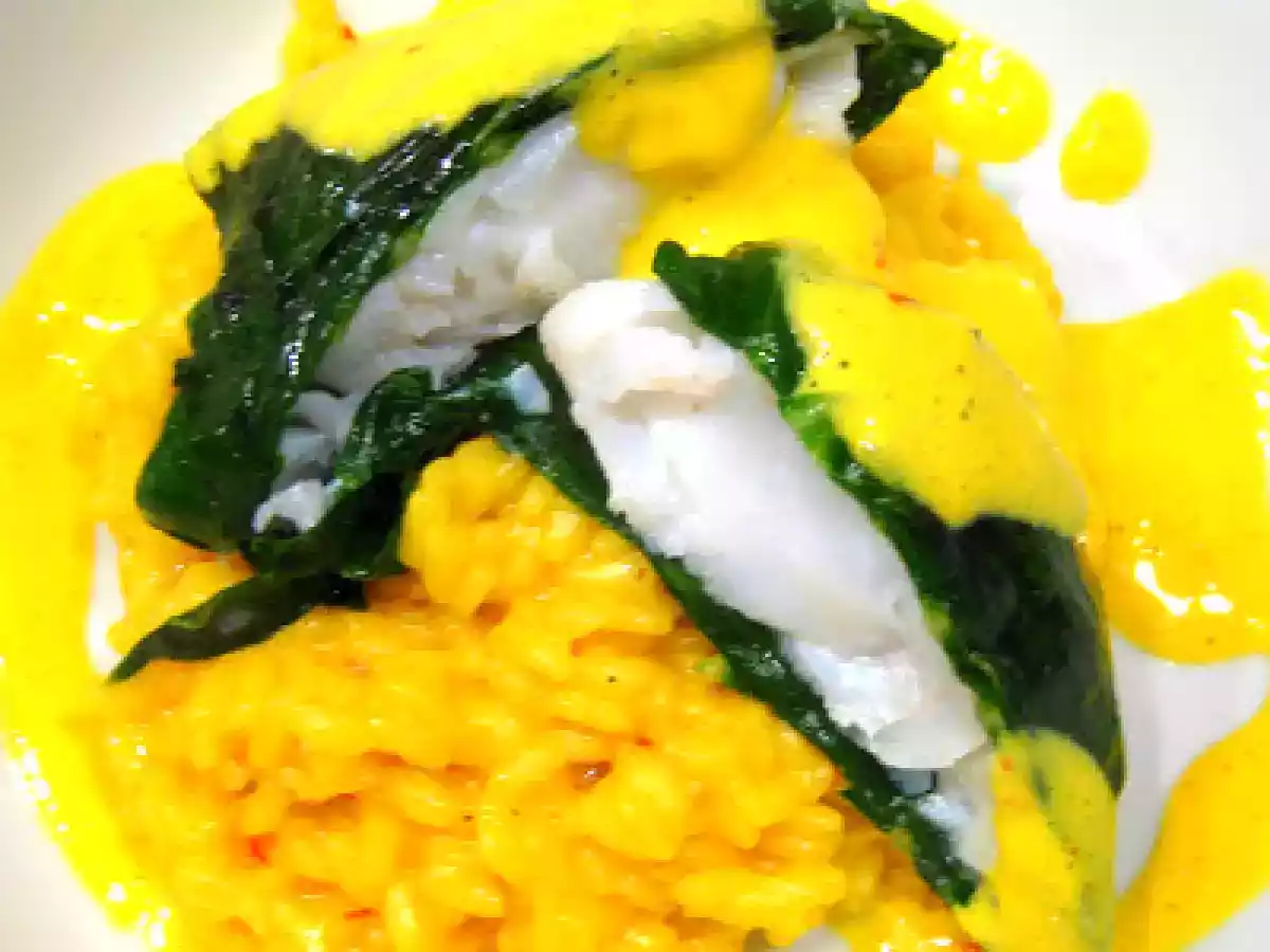 Kabeljau im Mangoldmantel, Safranrisotto und Safransabayon