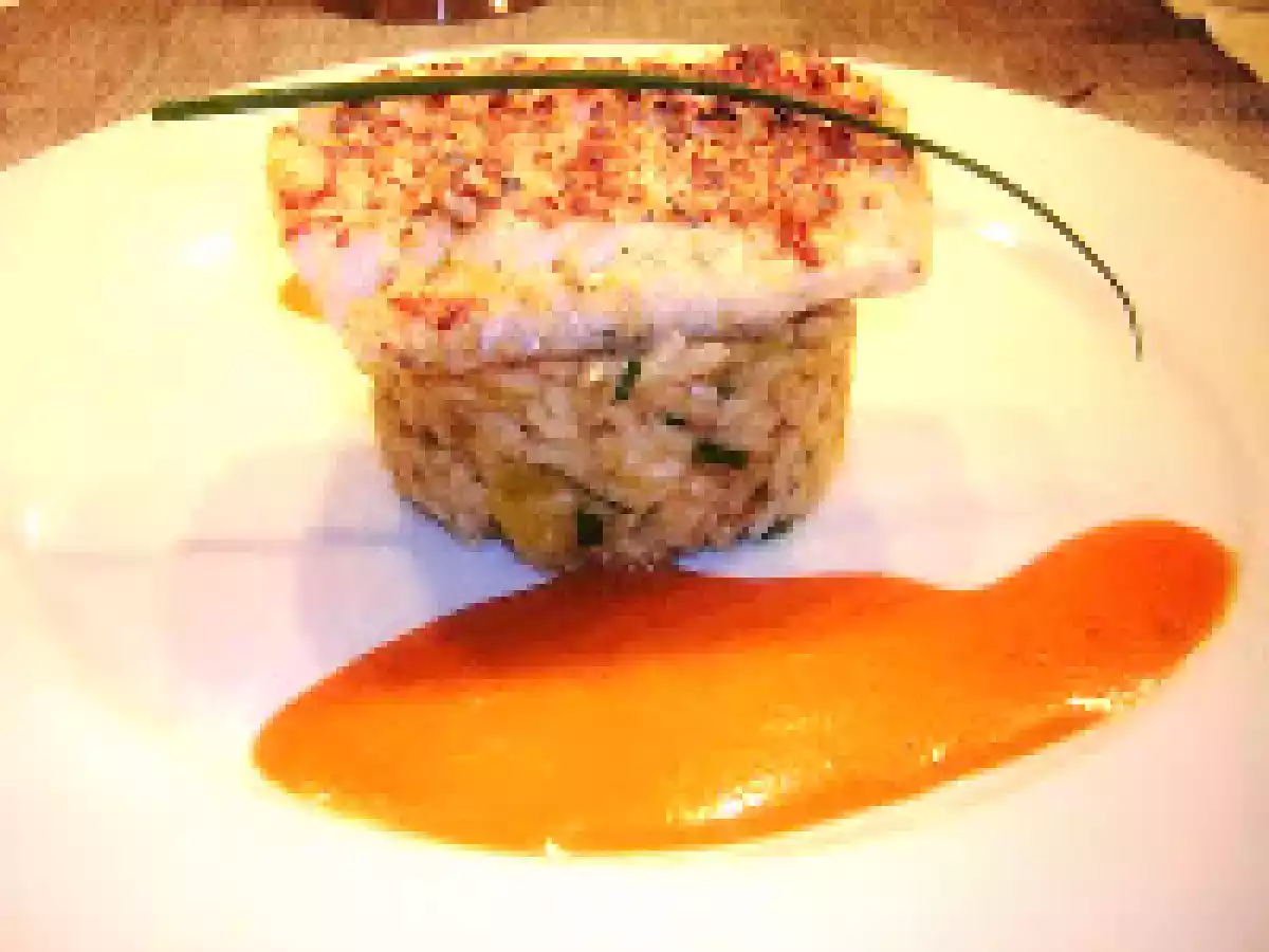 Kabeljaufilet auf Apfel-Lauch-Risotto mit Granatapfelsauce