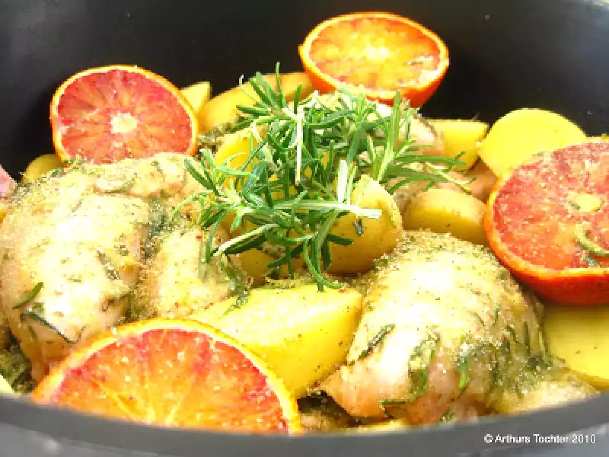 Kindsmörderin auch noch! Stubenküken in Rosmarin-Knoblauchbutter mit Blutorange