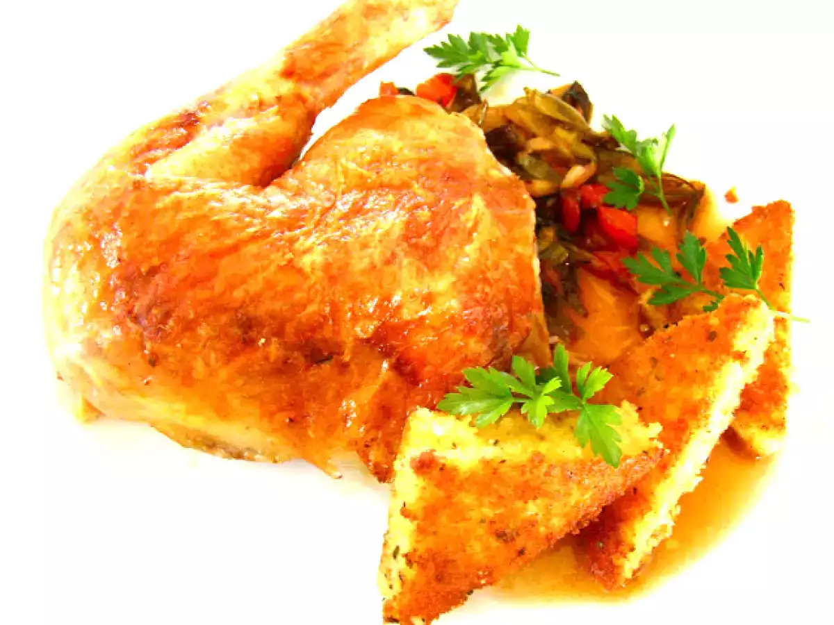 Knusprige Bramata-Schnittchen mit italienischem Brathuhn als Beilage