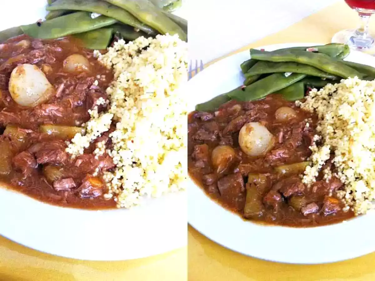 Lamm-Stifado mit Coucous und grünen Bohnen