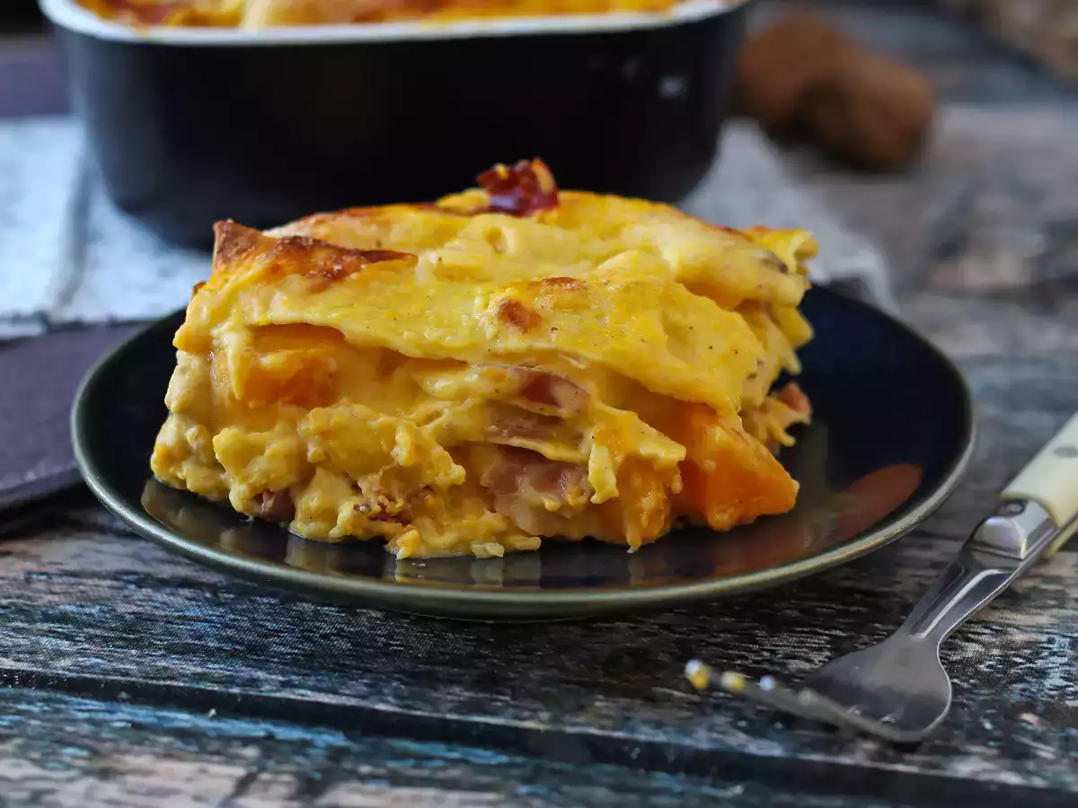 Lasagne mit Kürbis, Speck und Walnüssen – cremig und knusprig
