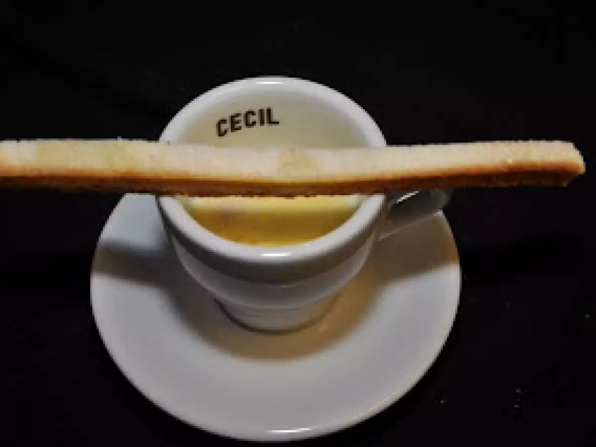 Mozzarella Soup with Anise toast and Bacon oil