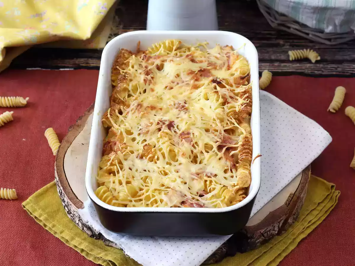 Nudelgratin mit schinken und käse aus dem airfryer