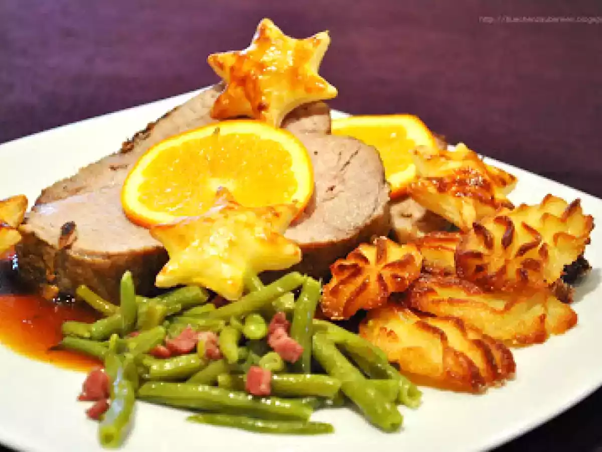 Orangen-Honig-Braten mit selbstgemachten Kroketten & grünen Bohnen
