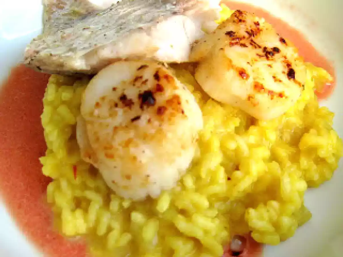 Rotbarschfilet, Fenchel-Safranrisotto, gegrillte Jakobsmuschel mit Lakritz und Kaktusfeige