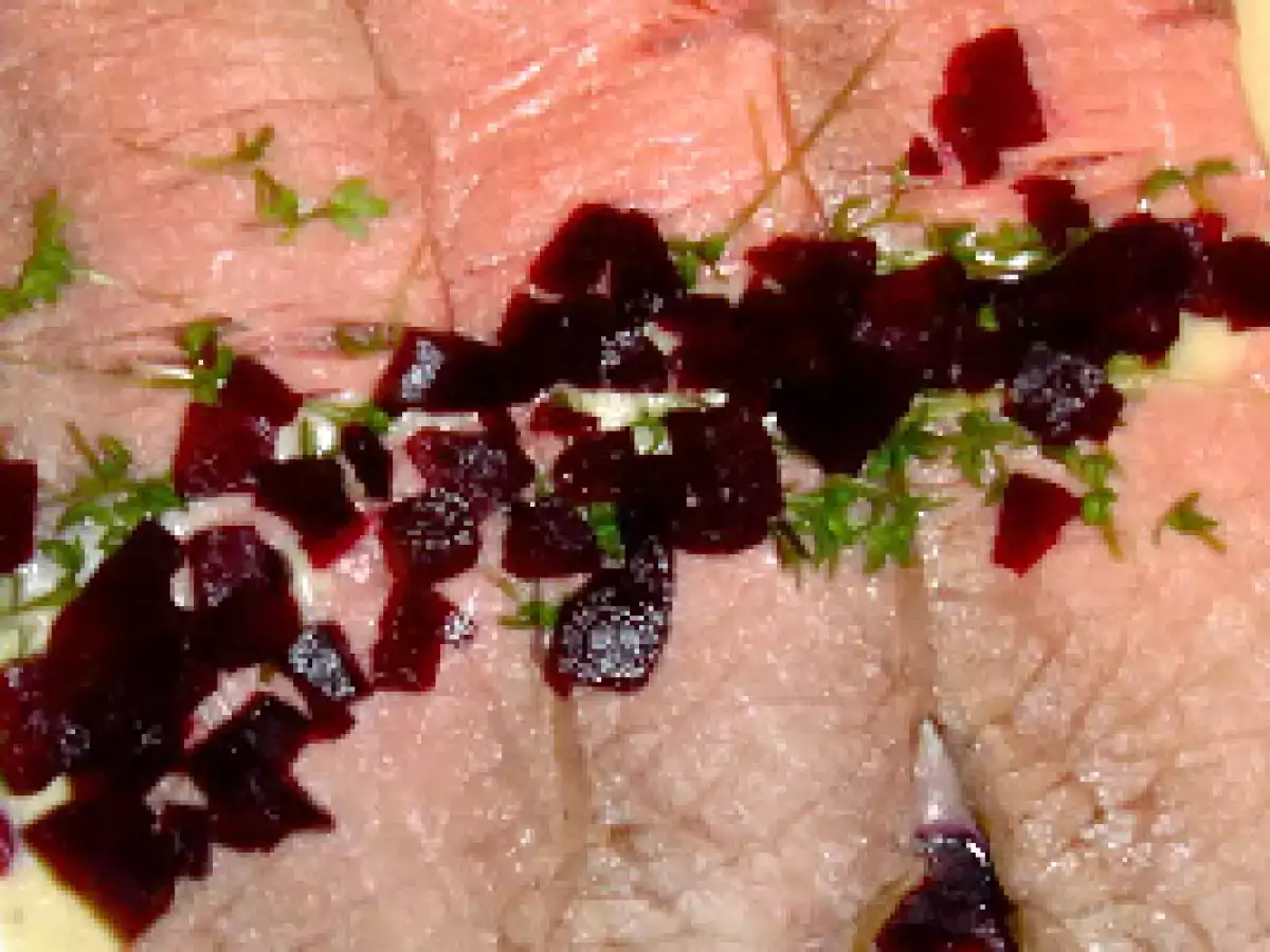 Rote Rüben, Roastbeef, Senfvinaigrette