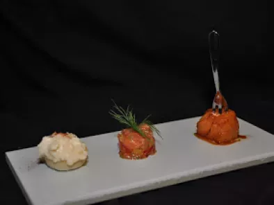Salmon three ways (Mousse / tartar with ginger / cooked in caramel)